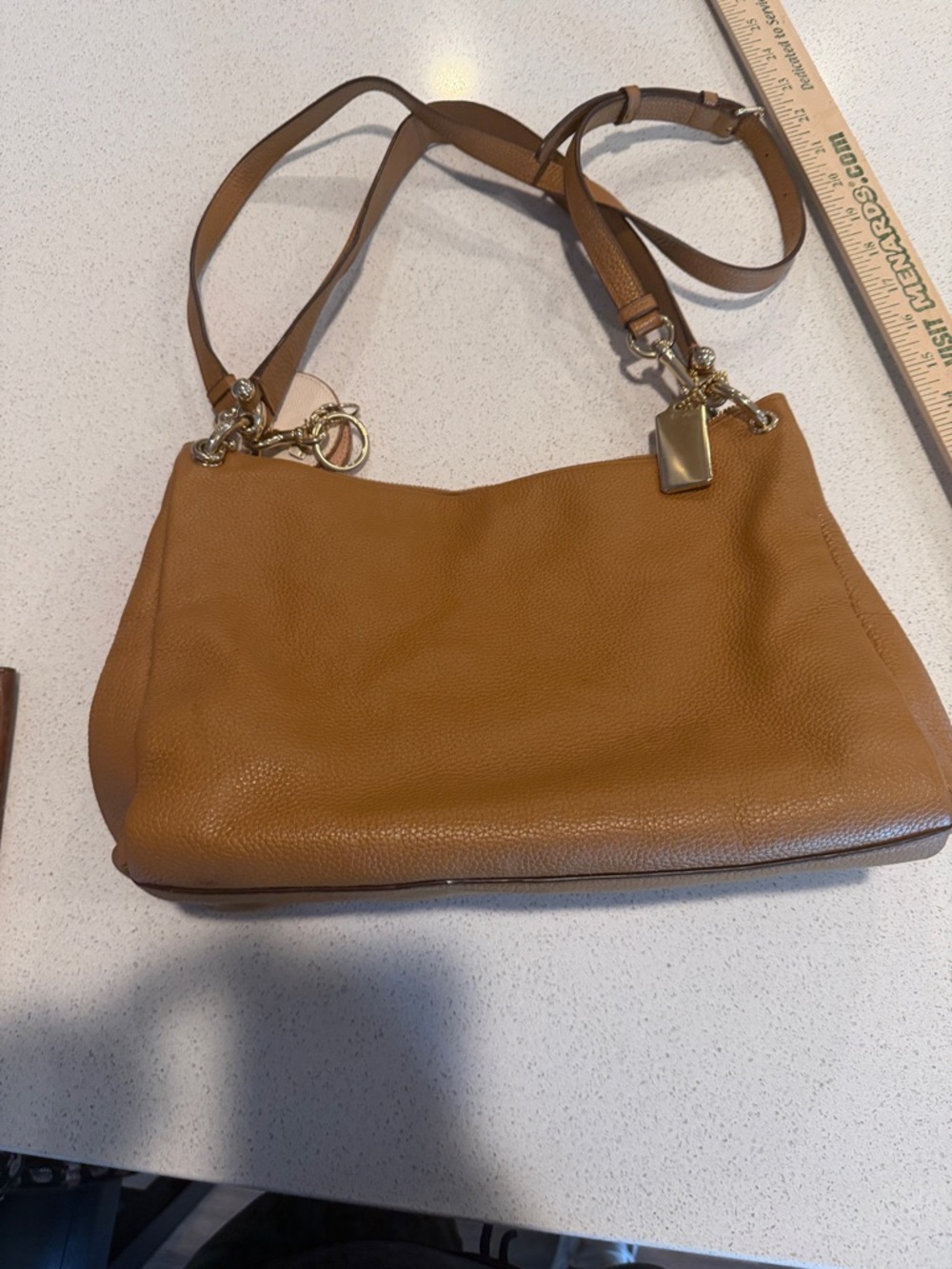 Carmel colored soft leather Coach purse with key chain - Picture 6 of 12